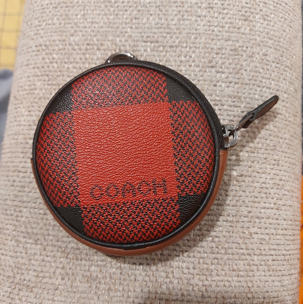Coach Round Coin Case With Buffalo Plaid Print NWOT C1508